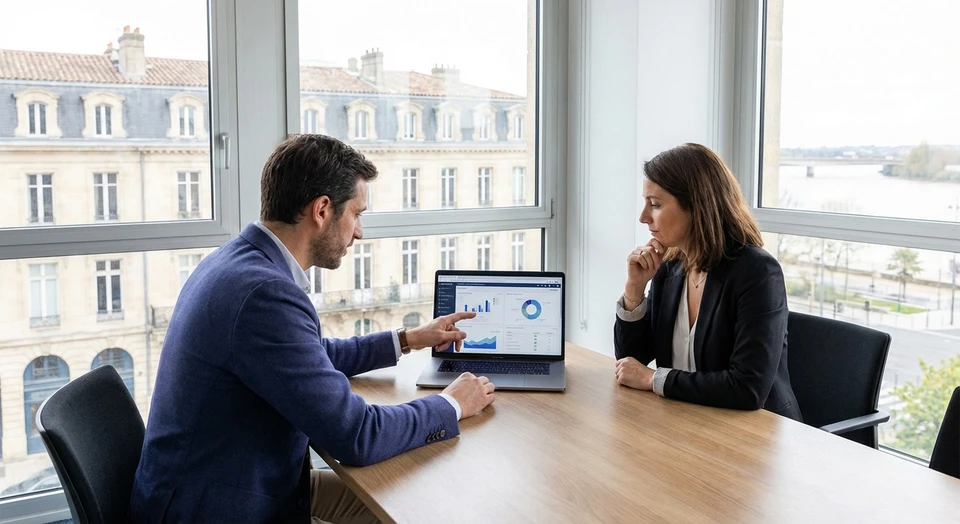 Photo d'un consultant informatique ou directeur informatique en réunion avec un client d'entreprise dans un environnement professionnel. Le consultant, portant une tenue professionnelle, interagit avec le client en regardant ensemble un écran d'ordinateur ou des documents relatifs à l'infrastructure informatique ou à la stratégie digitale. La scène doit transmettre une relation de confiance, de proximité et d'expertise, dans un bureau moderne et lumineux. Le consultant doit avoir un air concentré et professionnel, écoutant activement le client. Absence de poignée de main cliché.